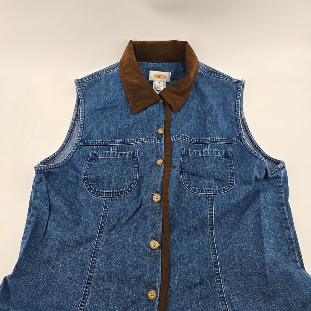Talbots Denim Vest Womens Contrasting Collar Button Front Blue Size Medium